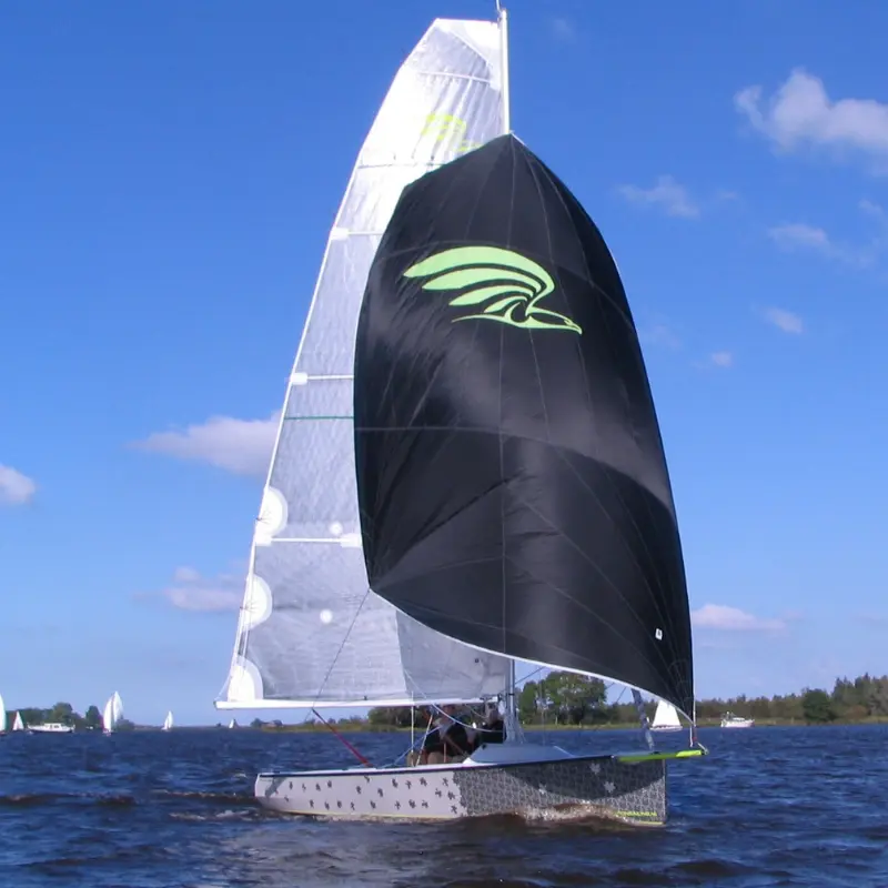 Falcon Racing mit schwarzem Gennaker auf offener Wasserfläche