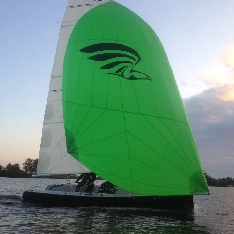Segelboot Falcon mit grünem Gennaker bei Abendsonne